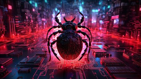 Red light glowing computer bug perched on microchip symbolizing threat of software bugs and elusive nature of zero day vulnerabilities in software security, critical bug in computer software programの素材
