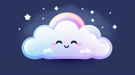 Cheerful smiling cloud after rain heralding clear skies and good weather, blue background, playful childlike illustration with happy cloud in sky exudes positivity, optimism and sense of funの素材