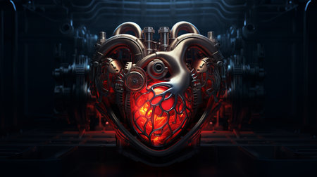 Steel heart engine pulses with fiery red glow, against gloomy smoky backdrop creating stunning visual display of strength and allure, symbolizes intersection of industrial innovation and human emotionの素材
