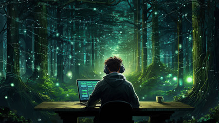 Mysterious environmental hacktivist sitts at computer at desk amidst forest surrounded illumination of bright lights, enigmatic atmosphere blending world of technology with nature beautyの素材