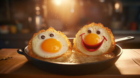 Smiling fried eggs in pan bathed in sunlight filling air with delightful breakfast aroma, yummy smiling eggs creating cozy and homely ambiance, perfect breakfast with warm and cheerful ambianceの素材