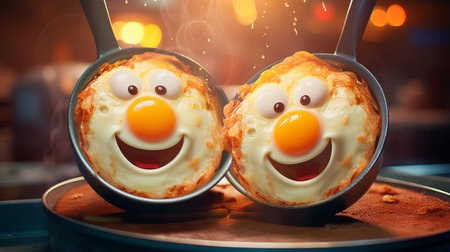 Smiling fried eggs in pan bathed in sunlight filling air with delightful breakfast aroma, yummy smiling eggs creating cozy and homely ambiance, perfect breakfast with warm and cheerful ambianceの素材