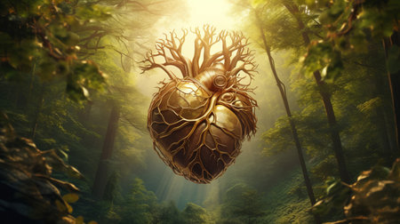 Heart of mother nature with root like vessels amidst woodland, creating surreal sight and invoking sense of enchantment and profound connection to wilderness, interconnectedness of all living thingsの素材