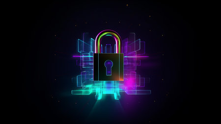 Neon glowing padlock on black backdrop emits aura of digital security, symbolizes essence of securing digital information and online data, personal data protection in digital realm conceptの素材