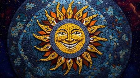 Vibrant happy mosaic sun crafted of yellow ceramic pieces shines against backdrop of blue mosaic pattern, smiling sun pattern symbolizes warmth of sunny day, happiness and positivityの素材