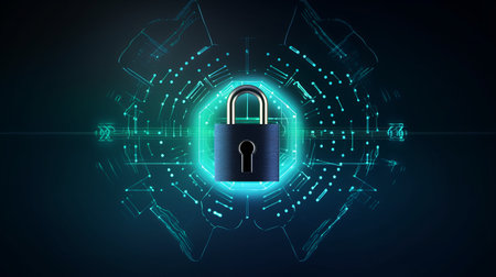 Padlock in neon glow on abstract chip pattern backdrop, symbolizing of personal data security and data leak protection in digital cyberspace, personal data protection in digital age conceptの素材