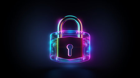 Neon glowing padlock on black backdrop emits aura of digital security, symbolizes essence of securing digital information and online data, personal data protection in digital realm conceptの素材