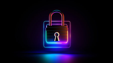 Neon glowing padlock on black backdrop emits aura of digital security, symbolizes essence of securing digital information and online data, personal data protection in digital realm conceptの素材