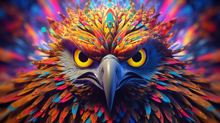 Vivid psychedelic bird face with saturated multicolored feathers and large expressive eyes, captivating diversity and colorful beauty of natural world, diversity of birds families and speciesの素材