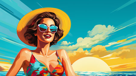 Retro pop art style portrait of girl at beach wearing sun hat with sunglasses against vibrant background embodies her alluring charm, vintage vacation advertisement with attractive femaleの素材