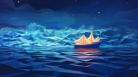 Lonesome ship navigates through tranquil seas in polygonal geometric style evokes wanderlust and desire for uncharted waters, passionate pursuit of new experiences and exploring unknownの素材