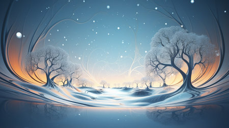 Winter landscape swirled in snow in soft luminous light, symbolizes tranquil beauty of winter and eternal cycle of seasons, dreamlike winter landscape, beauty of cold winter weatherの素材