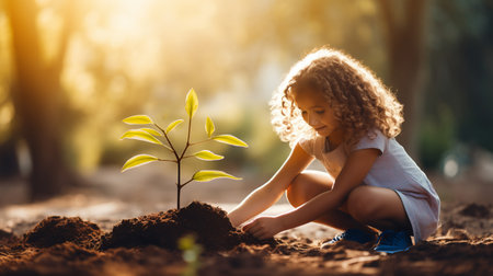 Little girl carefully plants tree sapling in ground of sunlight garden creating heartwarming scene of environmental care, embodying idea of growth and nurturing, little guardian of natureの素材