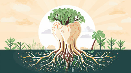 Growing tooth intertwined with tree roots and flourishing foliage epitomizes concept of nurturing robust dental health for fresh breath and strong teeth, dental care in surreal landscapeの素材