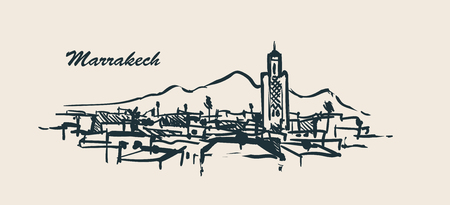 Marrakech skyline hand drawn sketch vector illustration.のイラスト素材