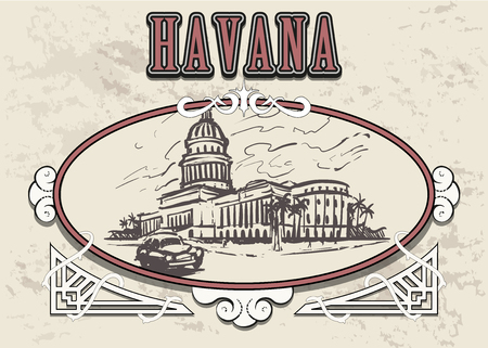Havana hand drawn sketch vector illustration.Capitol of Havana in a decorative vintage frame.のイラスト素材