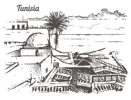 Tunisia skyline hand drawn. Tunisia sketch style vector illustration.Isolated on white background.のイラスト素材