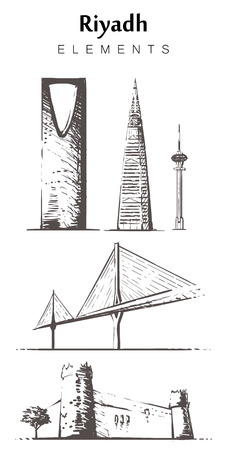 Set of hand-drawn Riyadh buildings. Riyadh elements sketch vector illustration. Isolated on white background.のイラスト素材