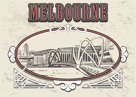 Melbourne bridge sketch. Melbourne hand drawn vector illustration in vintage frame.のイラスト素材