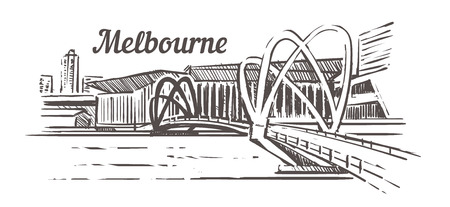 Melbourne bridge sketch. Melbourne hand drawn vintage vector illustration. Isolated on white background.のイラスト素材