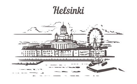 Helsinki skyline hand drawn. Helsinki sketch style vector illustration isolated on white background.のイラスト素材