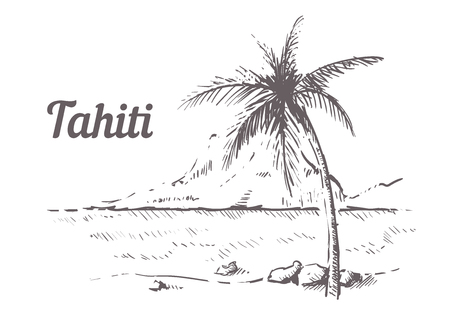 Palm Beach Tahiti hand drawn. Tahiti sketch vector illustration, isolated on white background.のイラスト素材