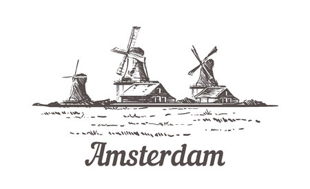 Amsterdam sketch, Zanse Schans in the open air, where a typical Dutch landscape is recreated mills, village houses, farm, craft workshops hand drawn illustration.のイラスト素材