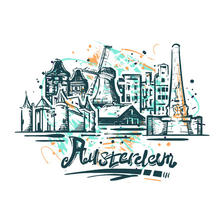 Amsterdam abstract color drawing. Amsterdam sketch vector illustration isolated on white background.のイラスト素材