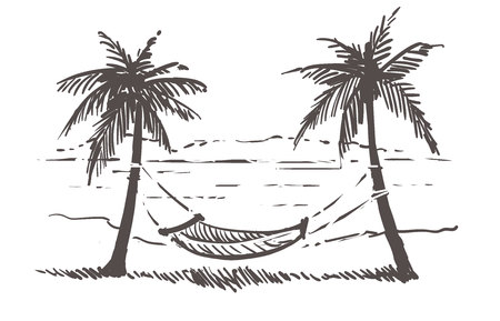 Hammock between palm trees on the sea beach. Samui hand drawn sketch illustration. Isolated on white background.のイラスト素材