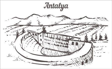 Antalya skyline sketch. The ancient city of Aspendos Antalya, Turkey hand drawn illustration isolated on white background.のイラスト素材