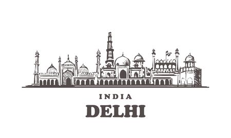 Delhi sketch skyline. Delhi, India hand drawn vector illustration. Isolated on white background. のイラスト素材