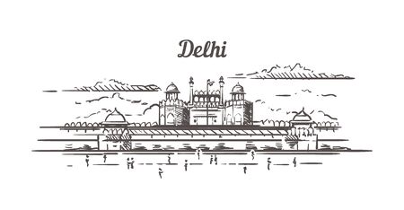 Delhi Red fort sketch. Delhi hand drawn illustration isolated.のイラスト素材