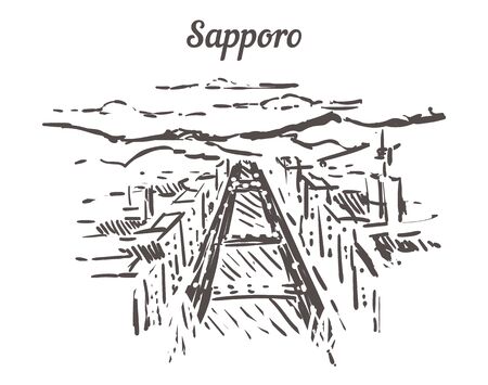 Sapporo skyline sketch. Sapporo hand drawn illustration isolated on white background.のイラスト素材