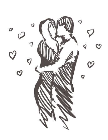 Sketch of kissing lovers with hearts. Hand drawn love isolated on white background.のイラスト素材