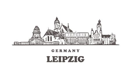 Leipzig sketch skyline. Germany, Leipzig hand drawn vector illustration. Isolated on white background.の写真素材