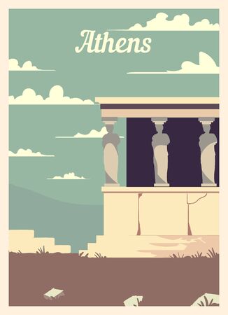 Retro poster Athens city skyline. Athens vintage, vector illustration.のイラスト素材