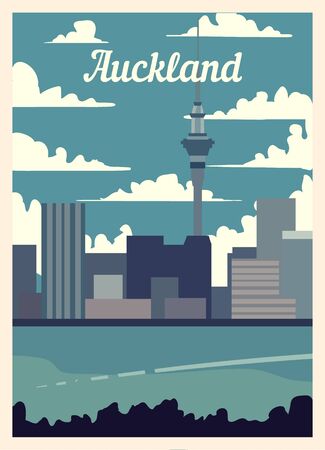 Retro poster Auckland city skyline. vintage, Auckland vector illustration.のイラスト素材