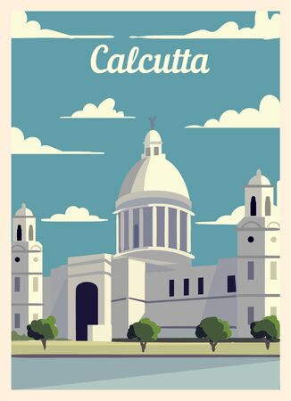 Retro poster Calcutta city skyline. Calcutta vintage, vector illustration.のイラスト素材