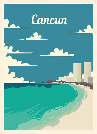 Retro poster Cancun city skyline. Cancun vintage, vector illustration.のイラスト素材