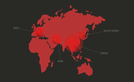 Vector map of the world with the main areas of coronavirus infection illustrationのイラスト素材
