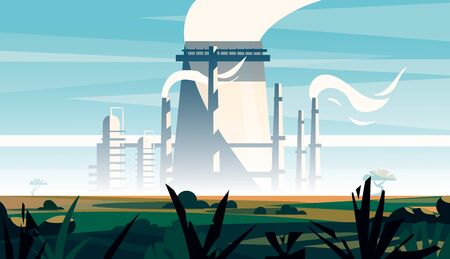 Factory landscape in an open field.Environmental pollution. Cartoon vector illustration of a factoryのイラスト素材