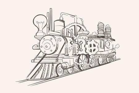 Vintage steampunk train with gears, industrial ageのイラスト素材
