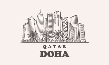 Doha skyline, quatar drawn sketchのイラスト素材