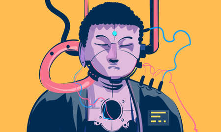 Cyberpunk sci fi Buddha ,vector illustration art