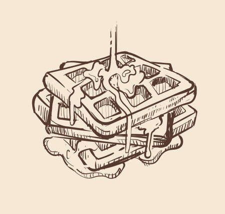 Dessert puffy waffles poured with syrup , sketch vector illustrationのイラスト素材