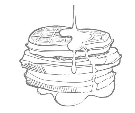 Dessert puffy waffles poured with syrup sketch vector illustrationのイラスト素材