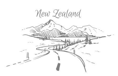 New zealand landscape sketch hand drawnのイラスト素材