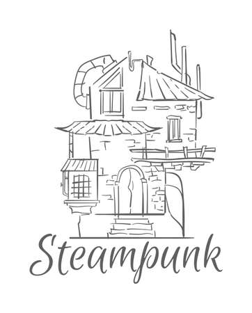 Steampunk house sketch hand drawnのイラスト素材