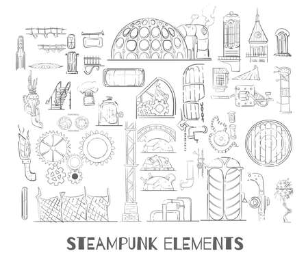 Steampunk and factory environment elements sketch hand drawnのイラスト素材