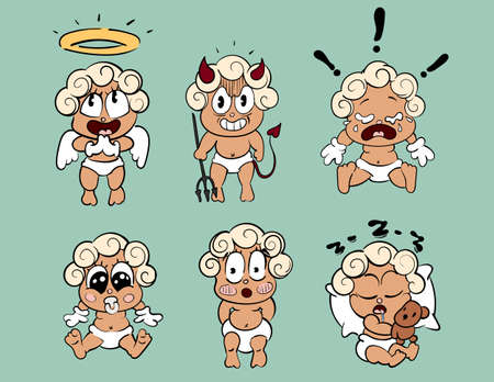 A set of curly angel children in diapers. Vintage toons: funny character, vector illustration trendy classic retro cartoon styleのイラスト素材